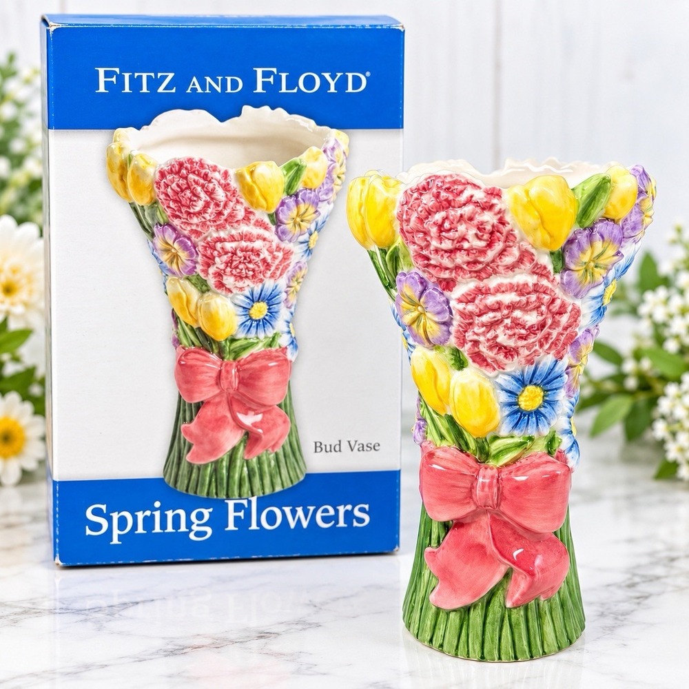 Fitz and Floyd Spring Flowers Bud Vase 2004 Hand Painted Floral Bow 5.75" w/ Box